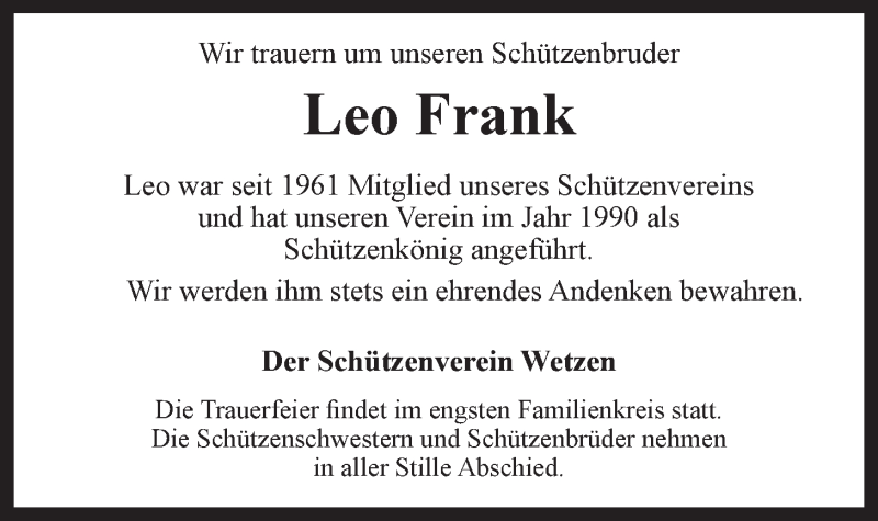  Traueranzeige für Leo Frank vom 19.01.2022 aus LZ