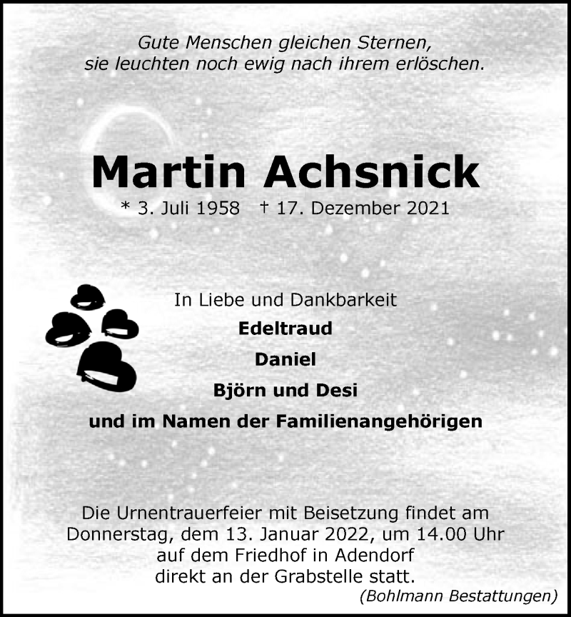  Traueranzeige für Martin Achsnick vom 31.12.2021 aus LZ