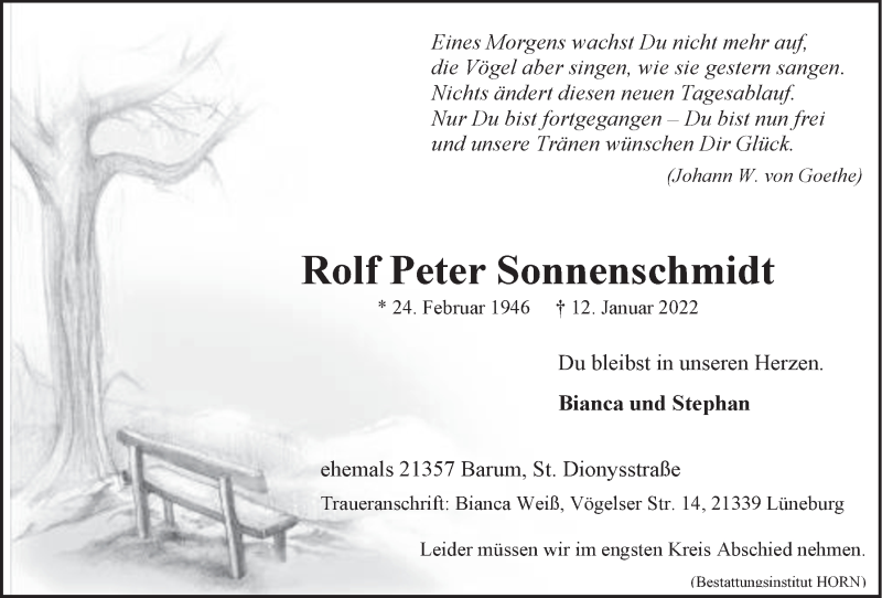  Traueranzeige für Rolf Peter Sonnenschmidt vom 15.01.2022 aus LZ