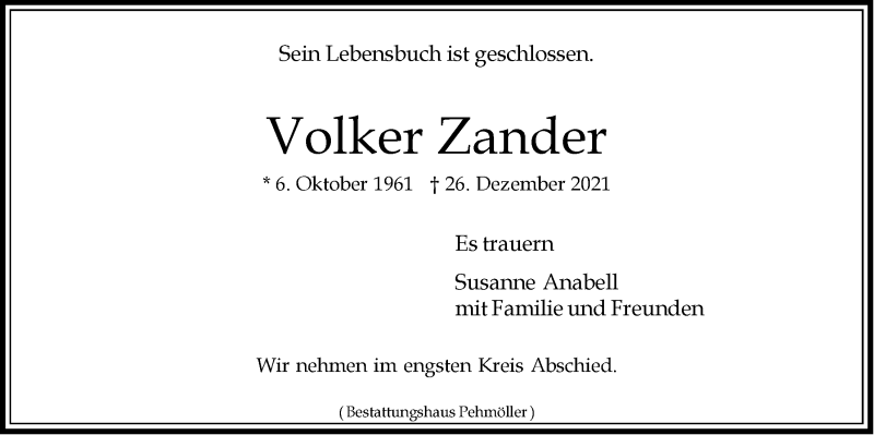  Traueranzeige für Volker Zander vom 31.12.2021 aus LZ