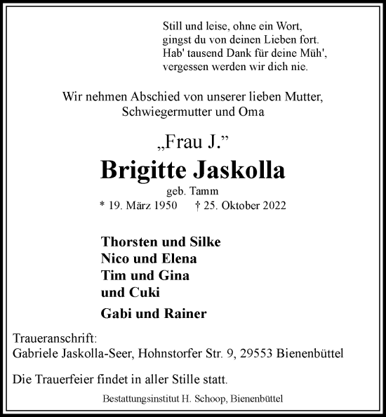 Anzeige von Brigitte Jaskolla von LZ