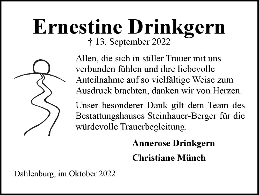  Traueranzeige für Ernestine Drinkgern vom 08.10.2022 aus LZ