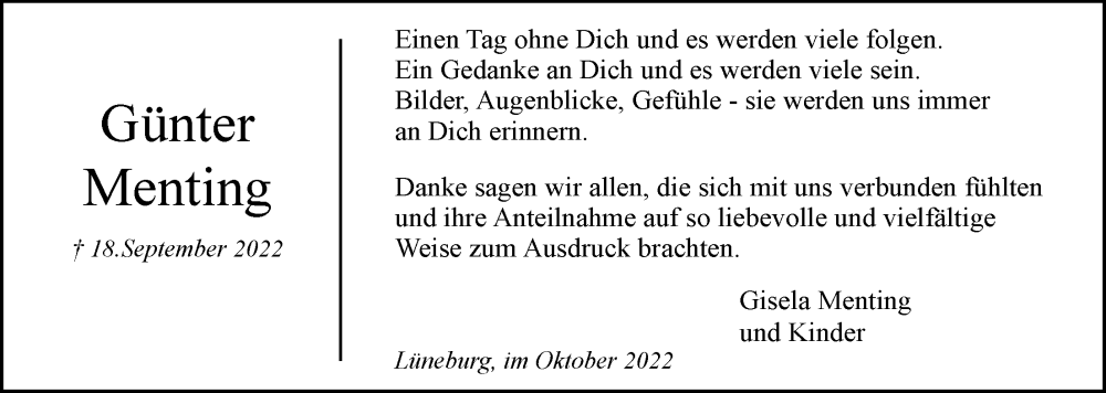 Traueranzeige für Günter Menting vom 29.10.2022 aus LZ
