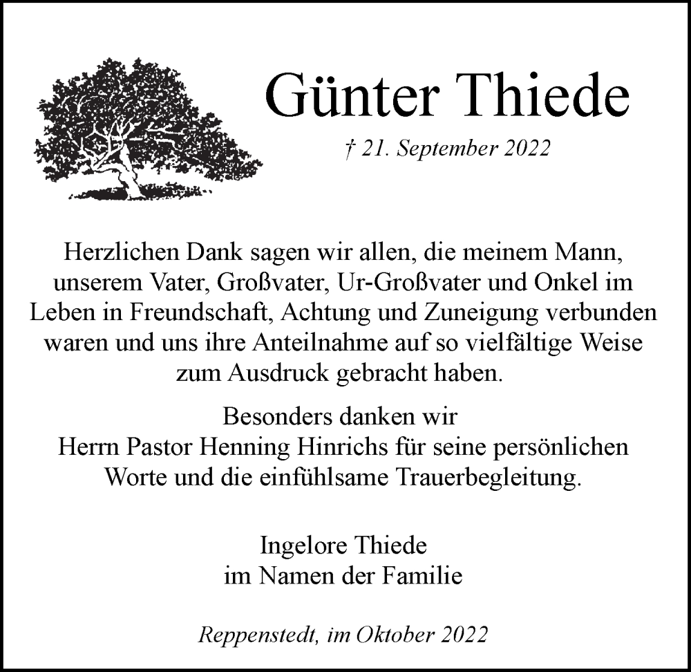  Traueranzeige für Günter Thiede vom 15.10.2022 aus LZ