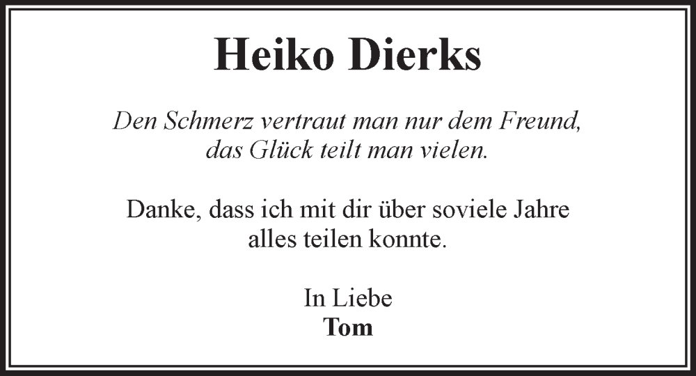  Traueranzeige für Heiko Dierks vom 01.10.2022 aus LZ