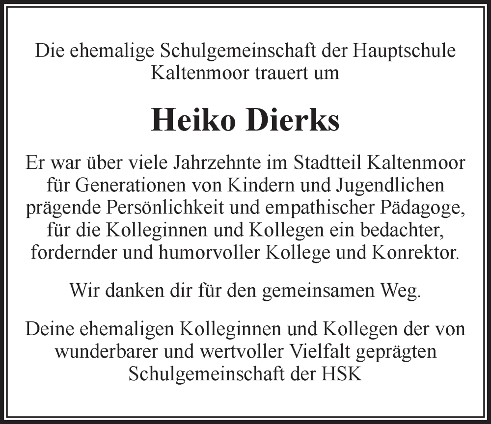  Traueranzeige für Heiko Dierks vom 01.10.2022 aus LZ