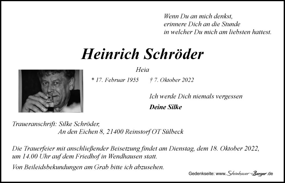  Traueranzeige für Heinrich Schröder vom 15.10.2022 aus LZ