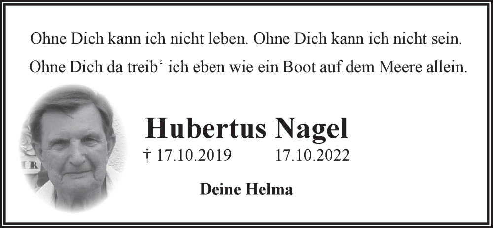 Traueranzeige für Hubertus Nagel vom 17.10.2022 aus LZ