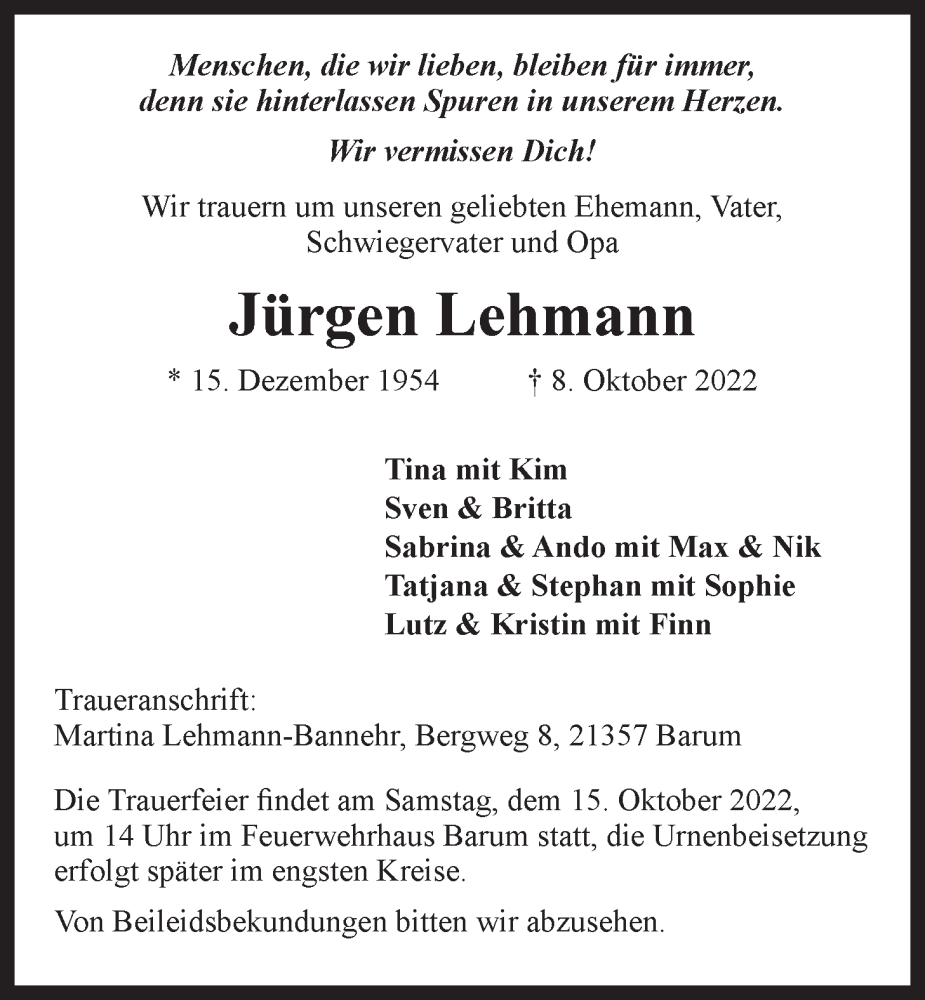  Traueranzeige für Jürgen Lehmann vom 13.10.2022 aus LZ