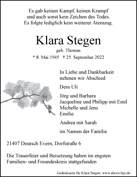 Anzeige von Klara Stegen von LZ