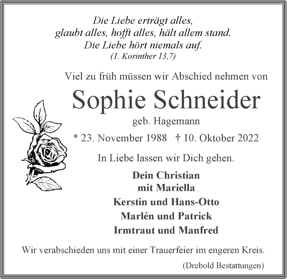  Traueranzeige für Sophie Schneider vom 15.10.2022 aus LZ