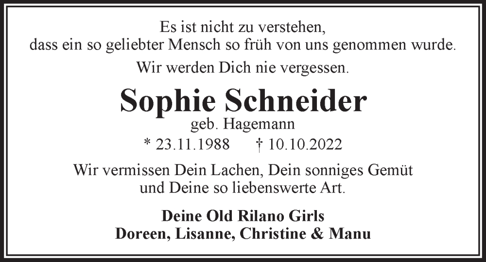  Traueranzeige für Sophie Schneider vom 22.10.2022 aus LZ