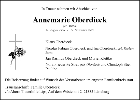 Anzeige von Annemarie Oberdieck von LZ