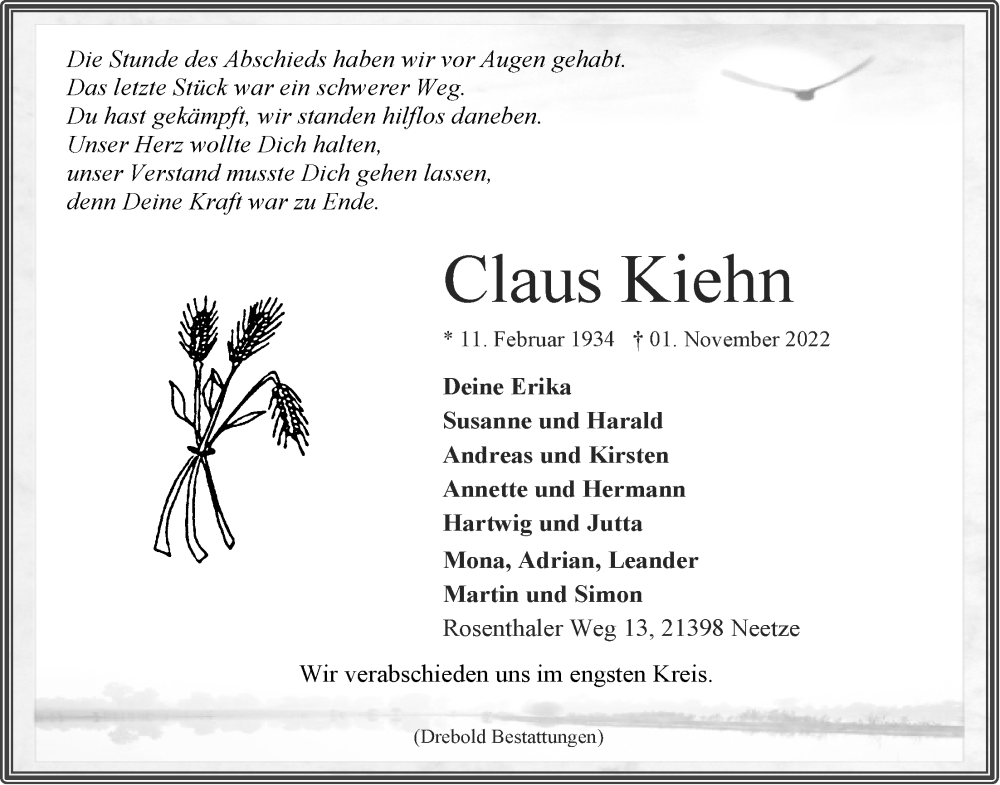  Traueranzeige für Claus Kiehn vom 11.11.2022 aus LZ