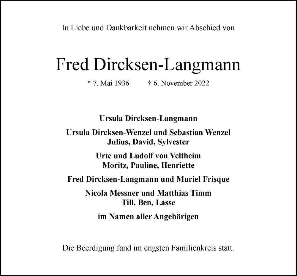  Traueranzeige für Fred Dircksen-Langmann vom 12.11.2022 aus LZ