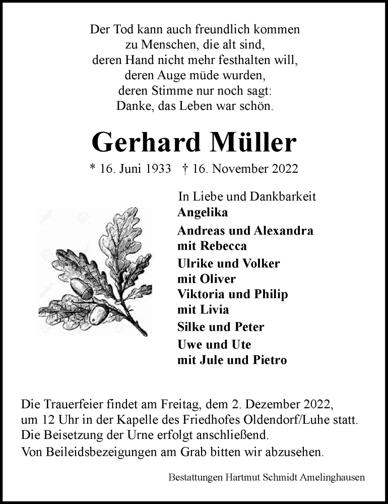  Traueranzeige für Gerhard Müller vom 19.11.2022 aus LZ