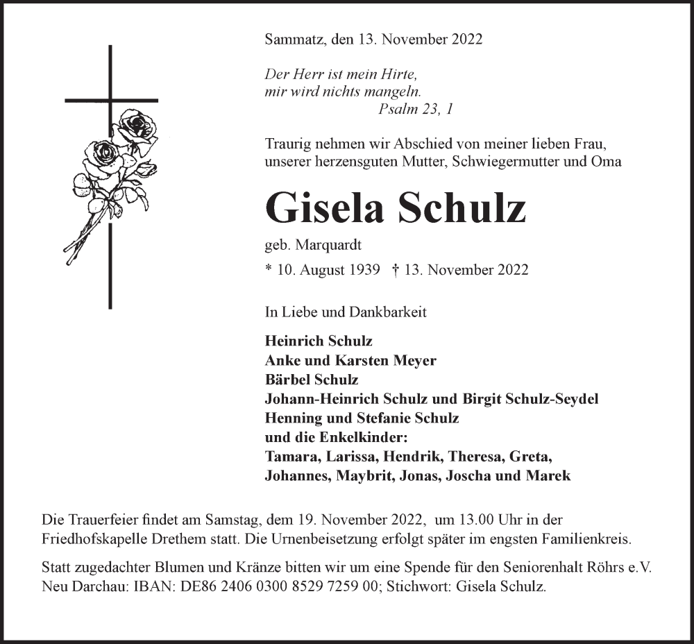  Traueranzeige für Gisela Schulz vom 16.11.2022 aus LZ