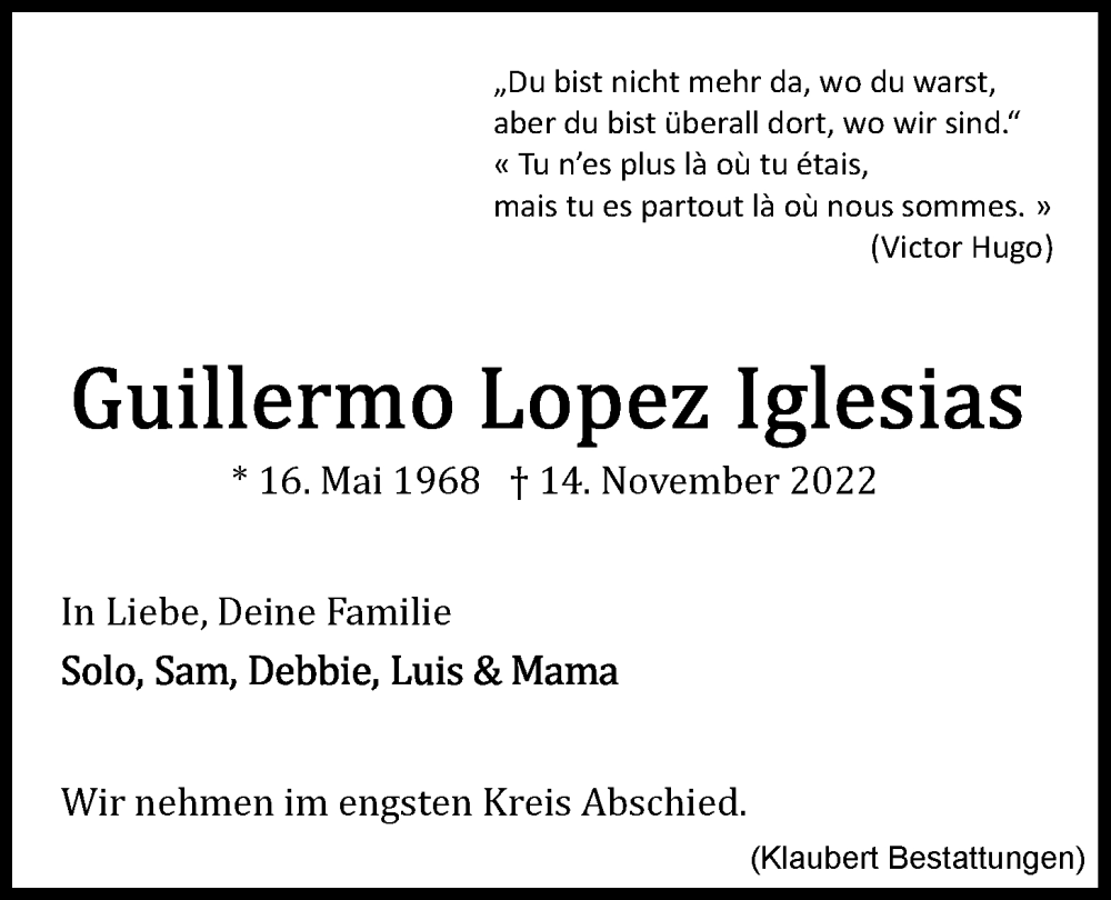  Traueranzeige für Guillermo Lopez Iglesias vom 26.11.2022 aus LZ
