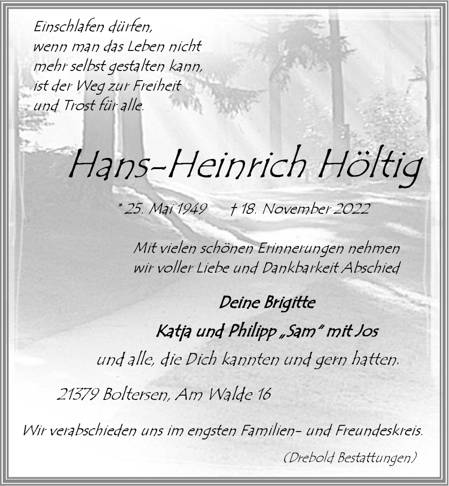  Traueranzeige für Hans-Heinrich Höltig vom 23.11.2022 aus LZ