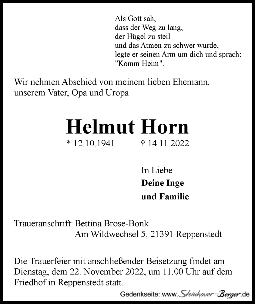  Traueranzeige für Helmut Horn vom 19.11.2022 aus LZ