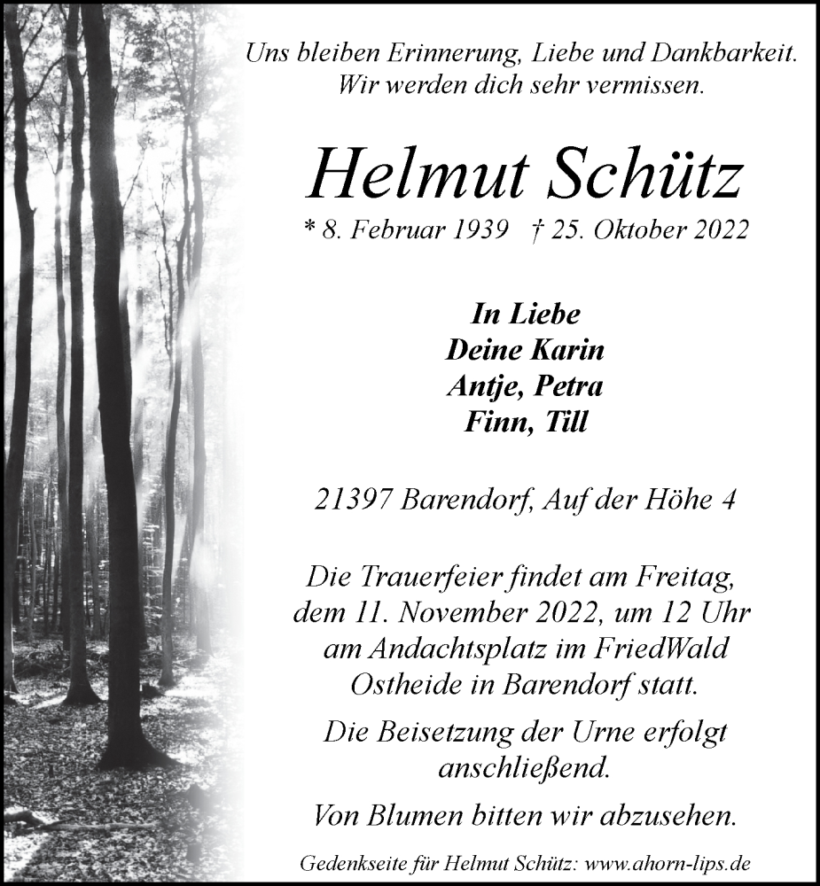  Traueranzeige für Helmut Schütz vom 05.11.2022 aus LZ