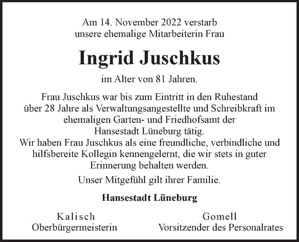  Traueranzeige für Ingrid Juschkus vom 24.11.2022 aus LZ
