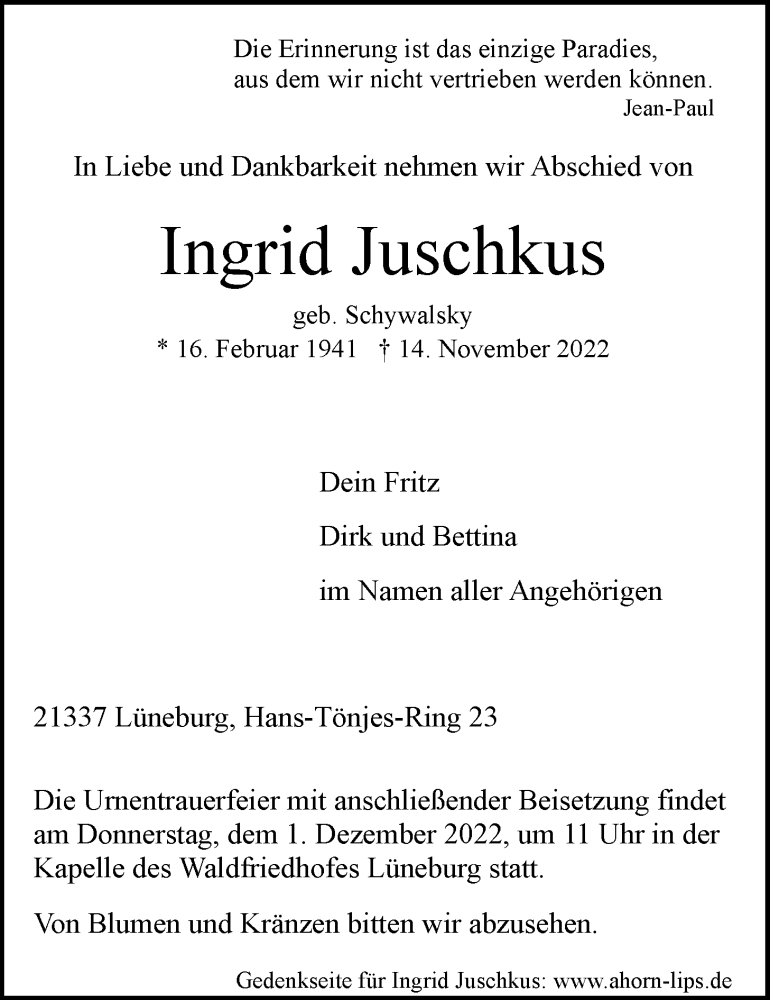  Traueranzeige für Ingrid Juschkus vom 19.11.2022 aus LZ