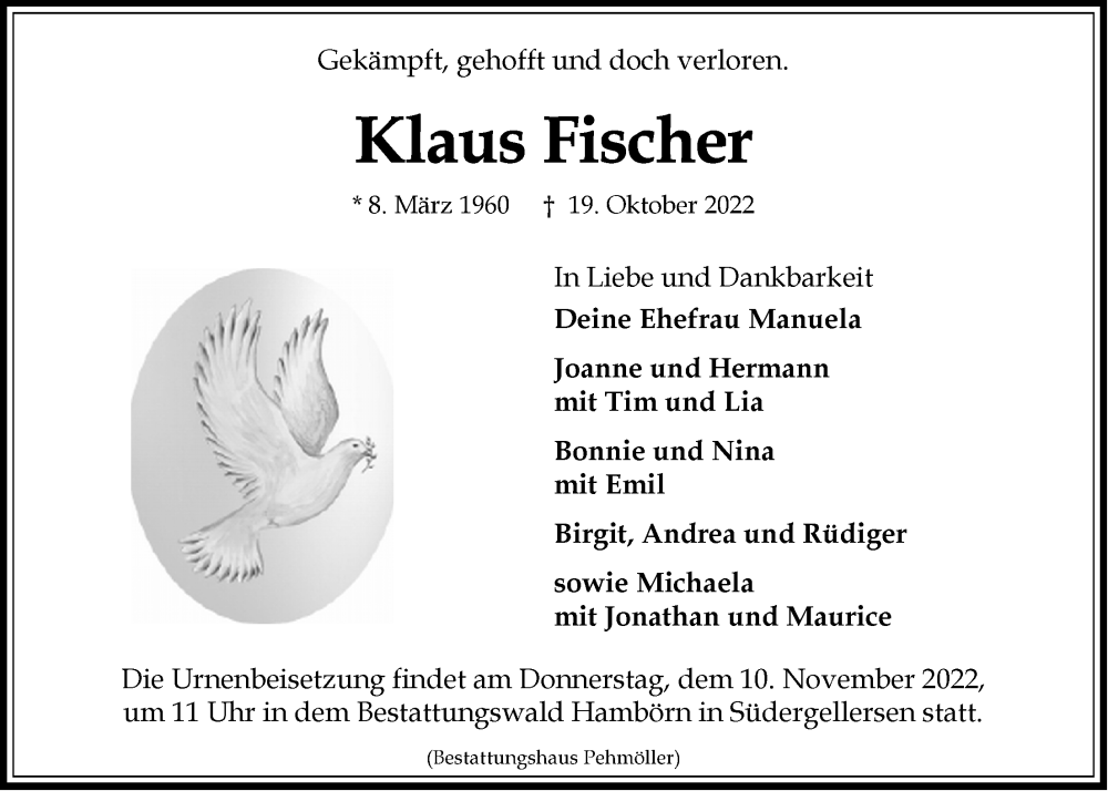  Traueranzeige für Klaus Fischer vom 05.11.2022 aus LZ