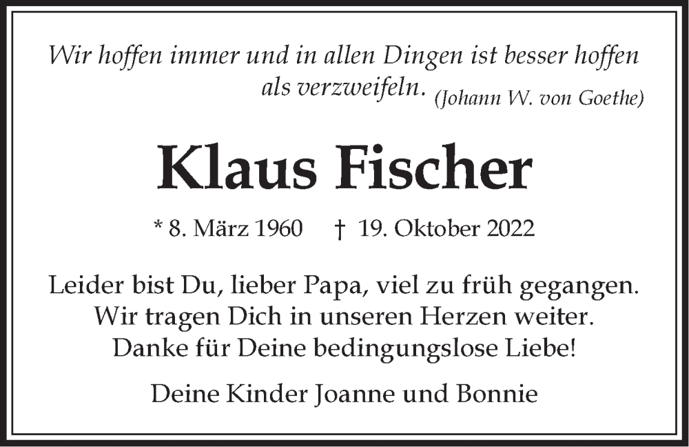  Traueranzeige für Klaus Fischer vom 05.11.2022 aus LZ