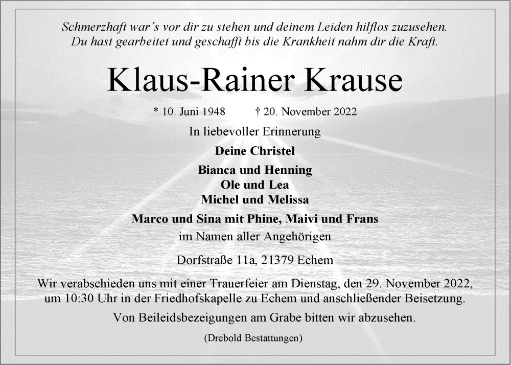  Traueranzeige für Klaus-Rainer Krause vom 23.11.2022 aus LZ
