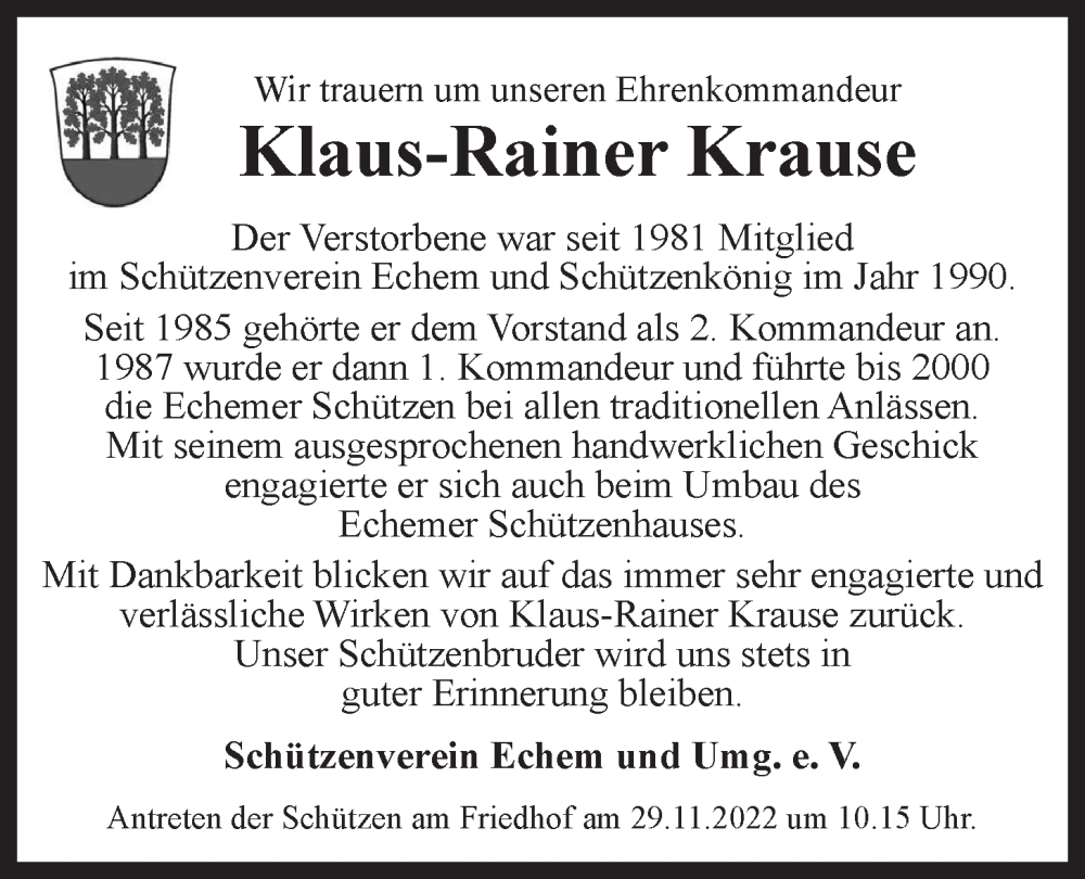  Traueranzeige für Klaus-Rainer Krause vom 26.11.2022 aus LZ