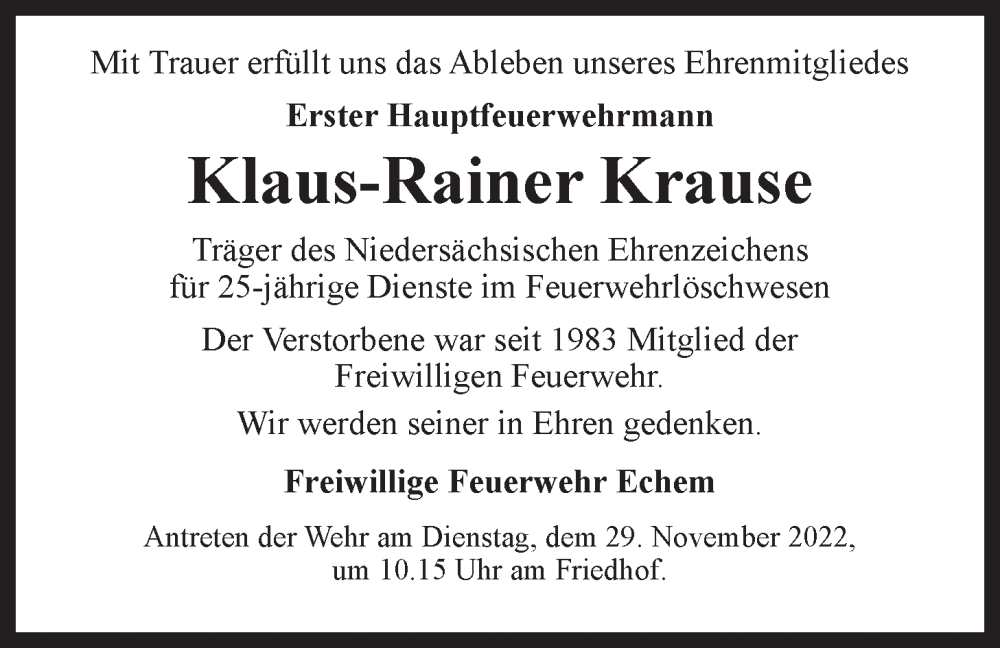  Traueranzeige für Klaus-Rainer Krause vom 23.11.2022 aus LZ