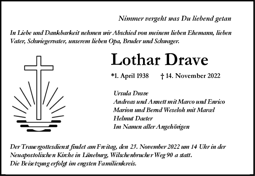  Traueranzeige für Lothar Drave vom 19.11.2022 aus LZ