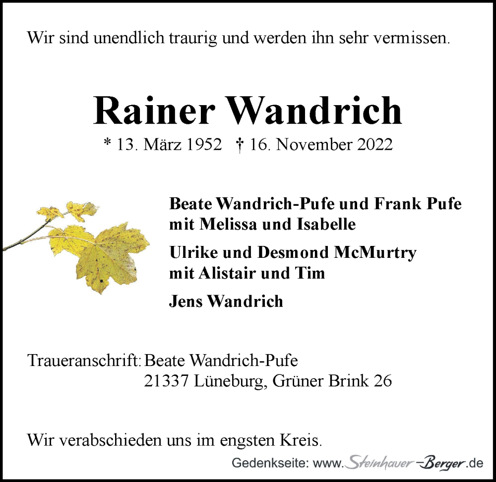  Traueranzeige für Rainer Wandrich vom 19.11.2022 aus LZ