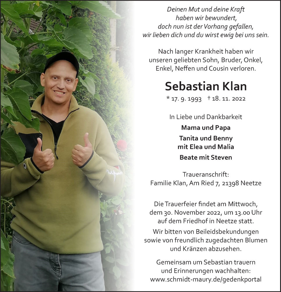  Traueranzeige für Sebastian Klan vom 26.11.2022 aus LZ