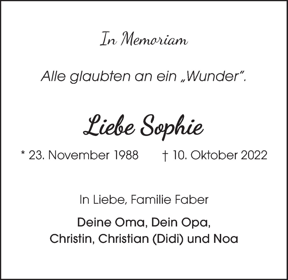  Traueranzeige für Sophie Schneider vom 23.11.2022 aus LZ