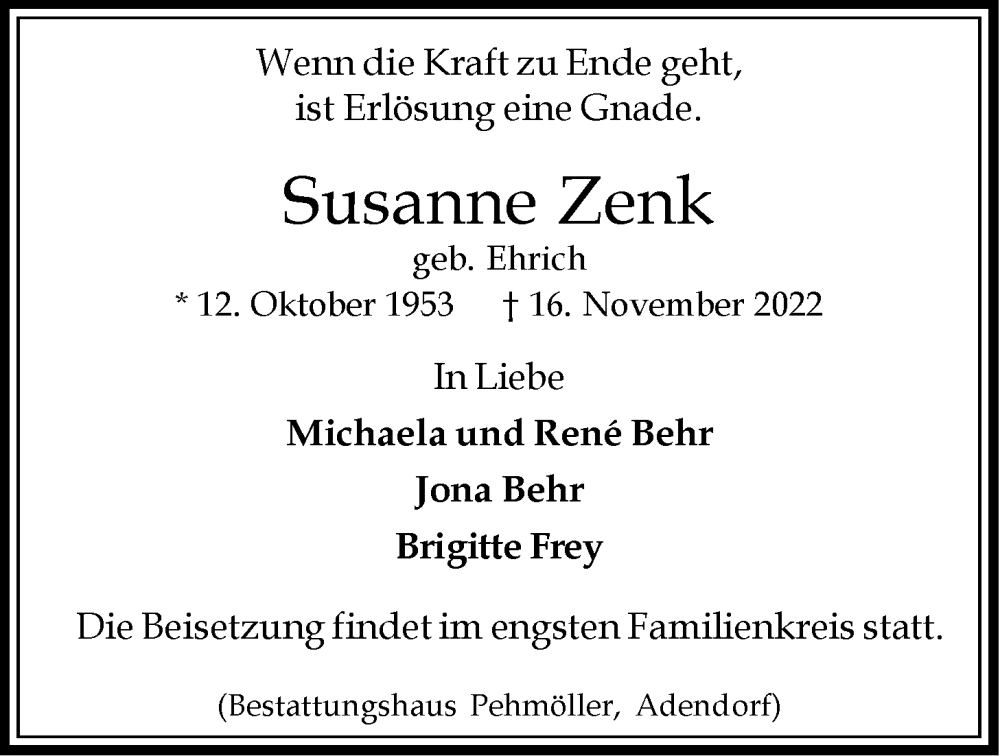  Traueranzeige für Susanne Zenk vom 23.11.2022 aus LZ