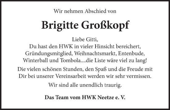 Anzeige von Brigitte Großkopf von LZ