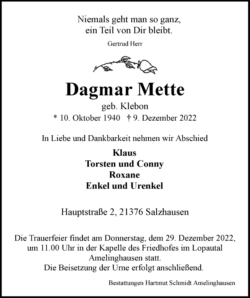  Traueranzeige für Dagmar Mette vom 17.12.2022 aus LZ