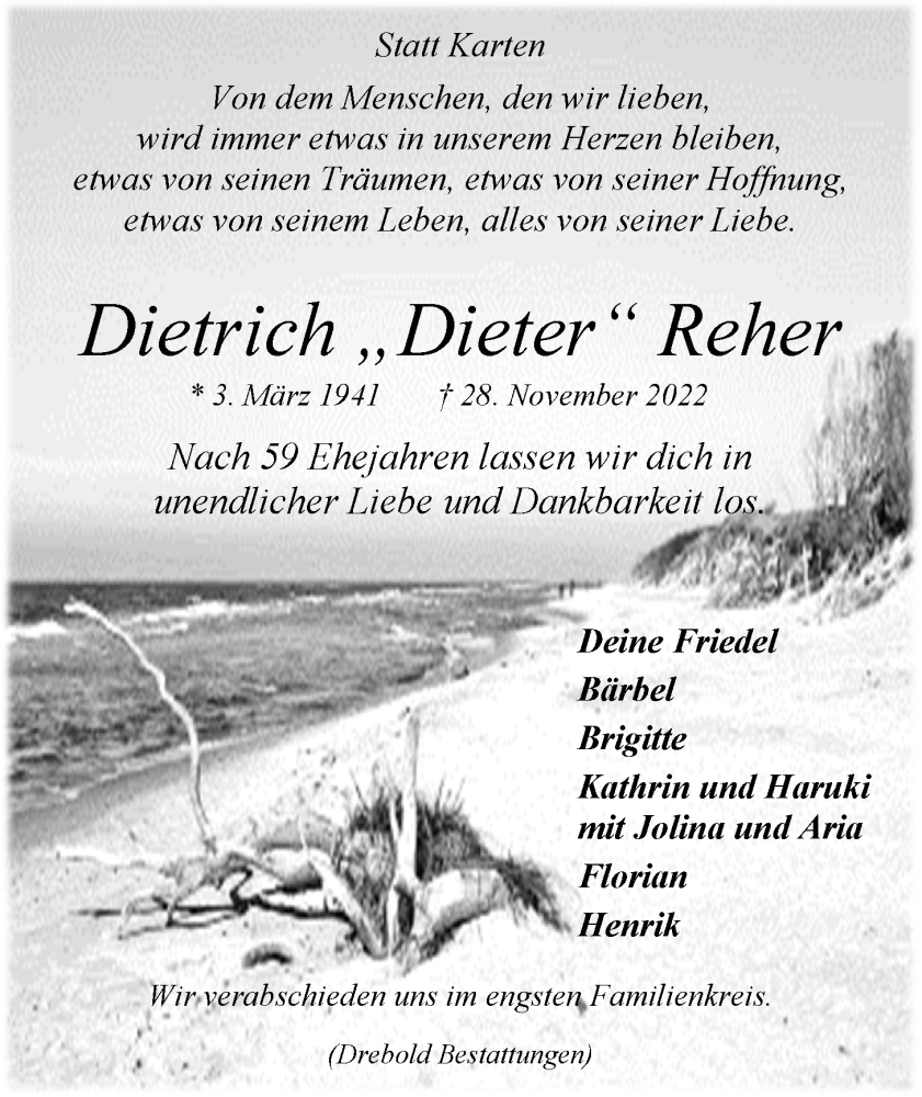  Traueranzeige für Dietrich Reher vom 03.12.2022 aus LZ