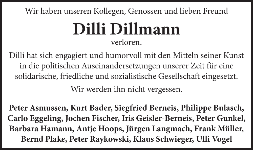  Traueranzeige für Dilli Dillmann vom 21.12.2022 aus LZ