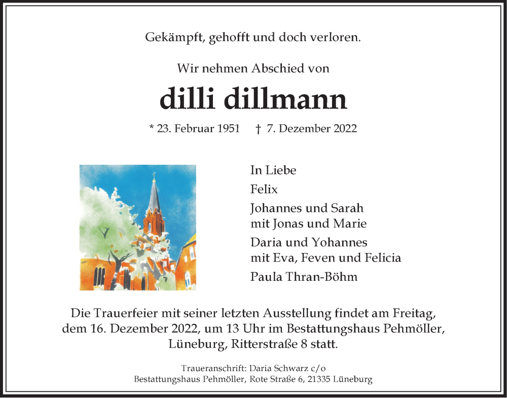  Traueranzeige für Dilli Dillmann vom 14.12.2022 aus LZ