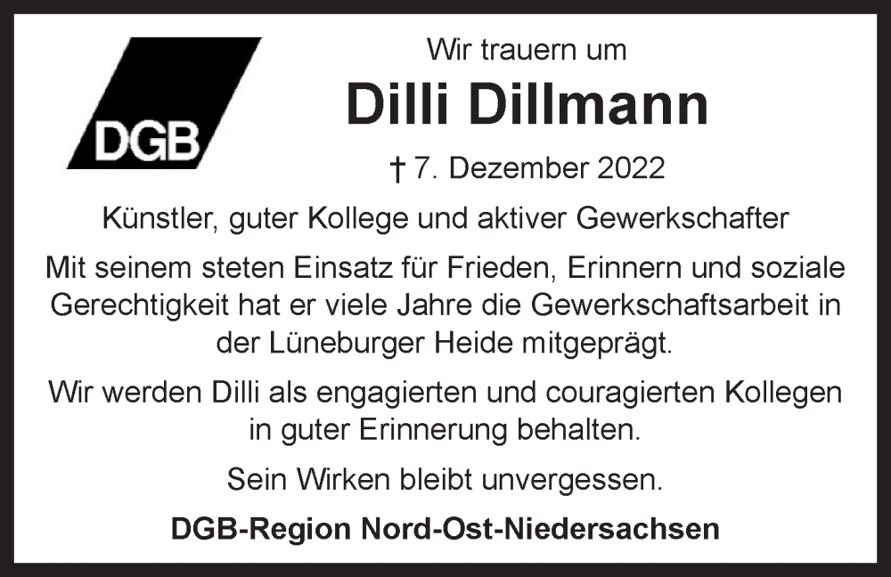  Traueranzeige für Dilli Dillmann vom 14.12.2022 aus LZ