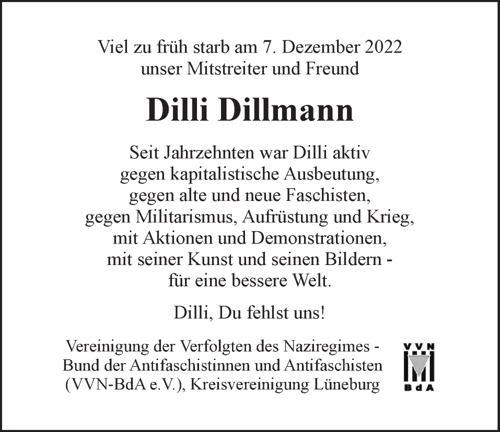  Traueranzeige für Dilli Dillmann vom 17.12.2022 aus LZ