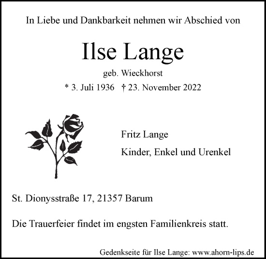 Anzeige von Ilse Lange von LZ