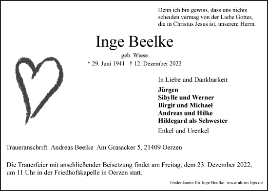 Anzeige von Inge Beelke von LZ