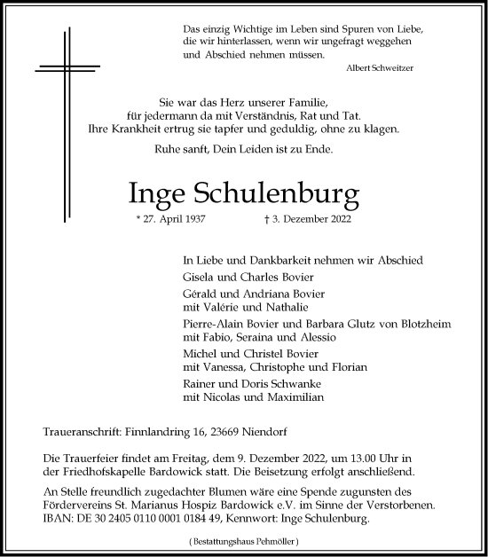 Anzeige von Inge Schulenburg von LZ