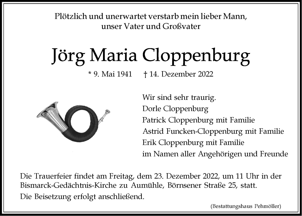 Traueranzeige für Jörg Maria Cloppenburg vom 17.12.2022 aus LZ