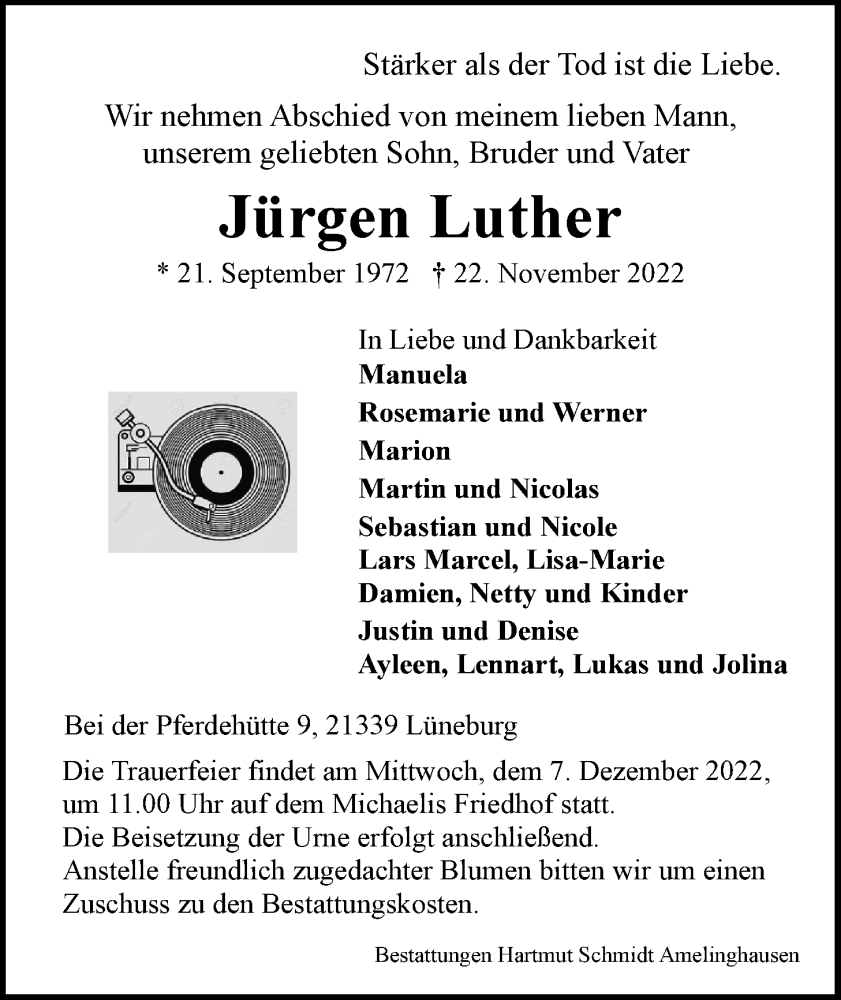  Traueranzeige für Jürgen Luther vom 03.12.2022 aus LZ