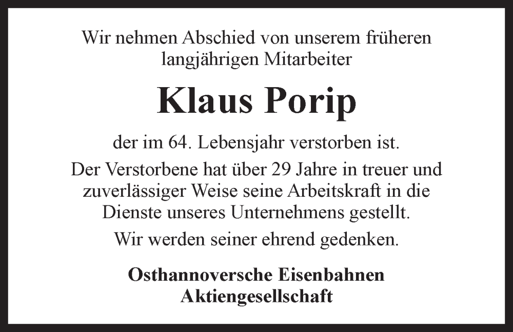  Traueranzeige für Klaus Porip vom 17.12.2022 aus LZ